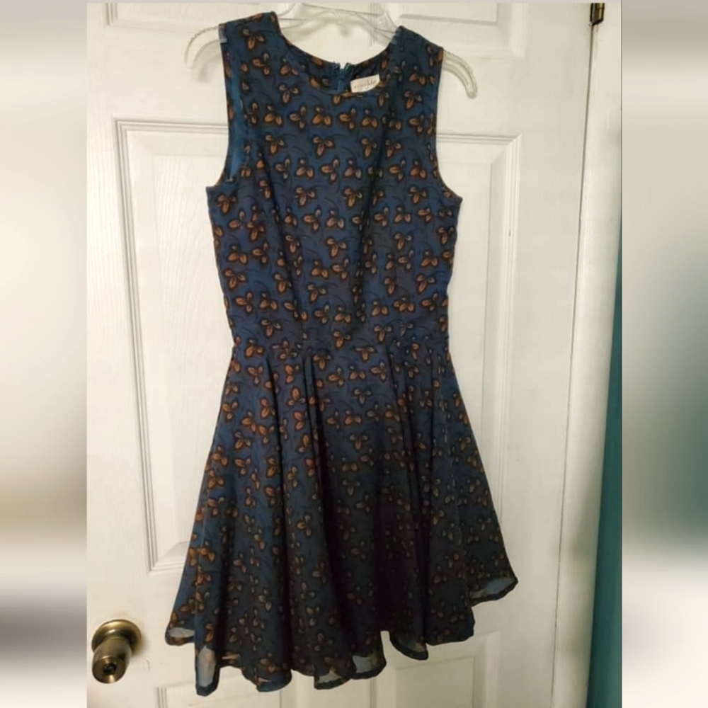 Maison Jules Coquette Blue & Tan Dress. Fully Lined Sheer Fabric back Zipper